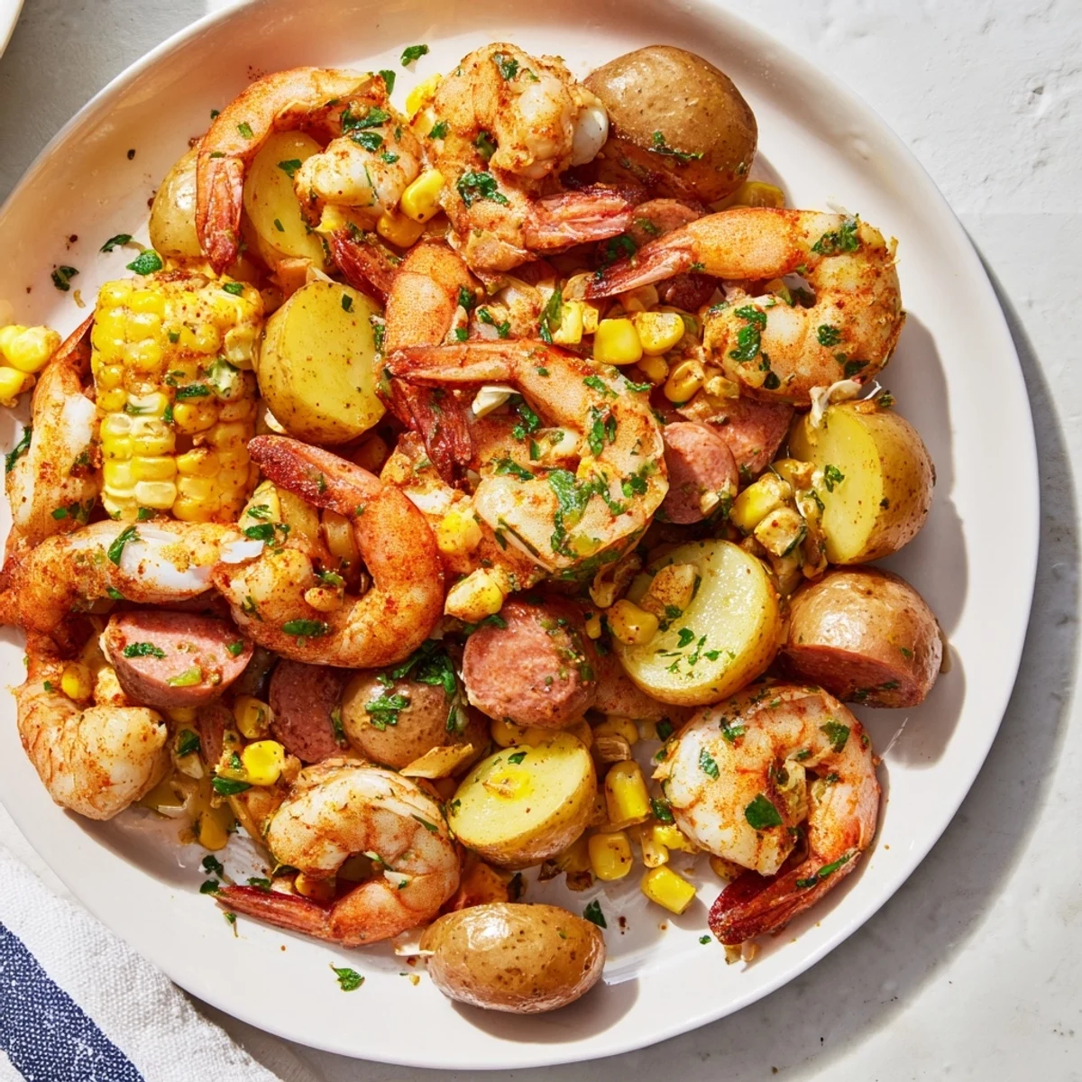 A hearty serving of Sheet Pan Shrimp Boil with Corn and Old Bay, garnished with parsley and lemon wedges, ready to enjoy with crusty bread.