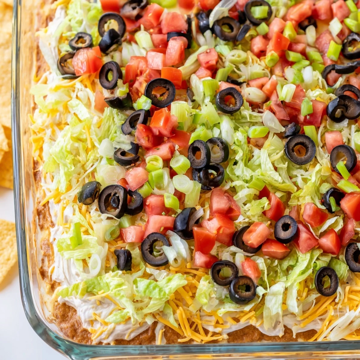 For game day, guests scoop Ultimate Seven Layer Taco Dip with crunchy chips over a base of sour cream and refried beans.