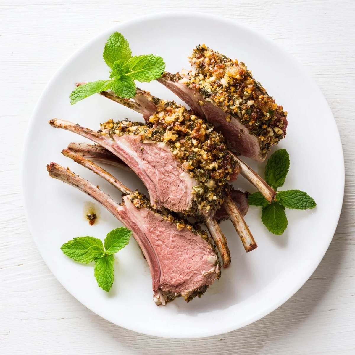 A close-up of succulent Garlic Herb Roasted Rack of Lamb with a golden crust and vibrant green mint sauce drizzled nearby.  