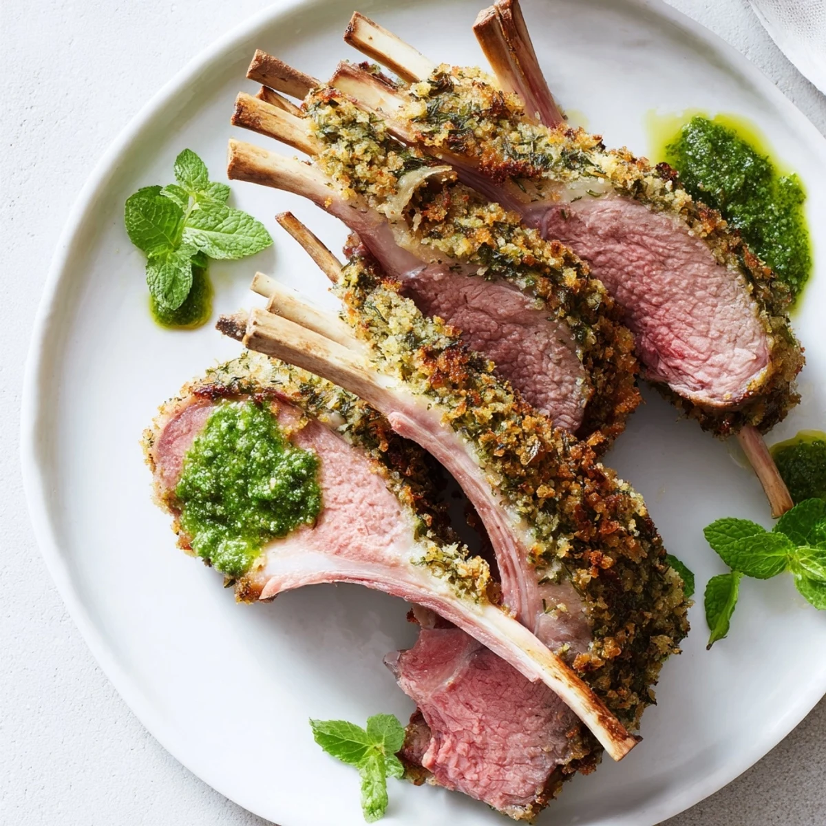 Perfectly roasted Garlic Herb Roasted Rack of Lamb chops arranged on a platter with a side of fresh mint sauce.  