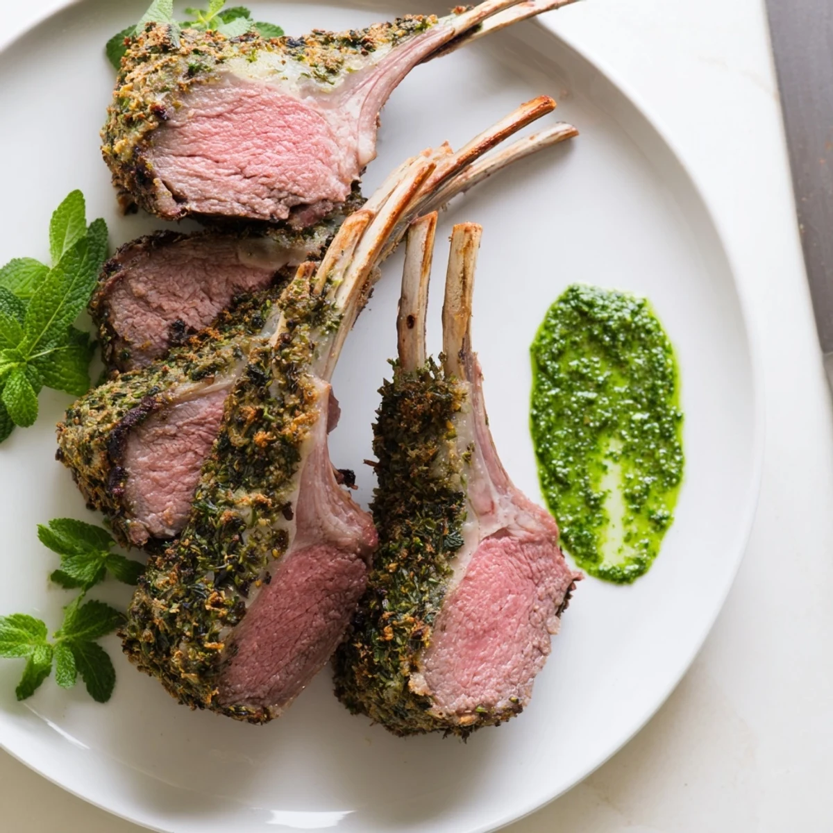 Garlic Herb Roasted Rack of Lamb served sliced, revealing juicy pink meat paired with a refreshing mint sauce.