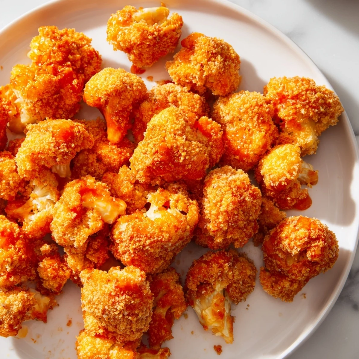 Golden-brown Crispy Baked Cauliflower Bites tossed in spicy Buffalo Sauce and garnished with fresh parsley.