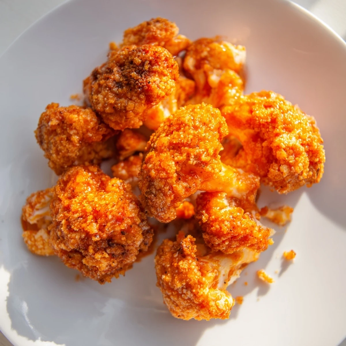 Rustic platter of Crispy Baked Cauliflower Bites drizzled with Buffalo Sauce, served alongside creamy blue cheese dressing.