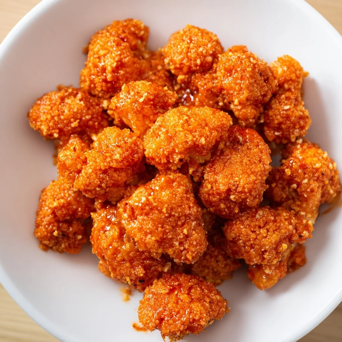Close-up on Crispy Baked Cauliflower Bites with sticky Buffalo Sauce glaze, paired with celery and carrot sticks.