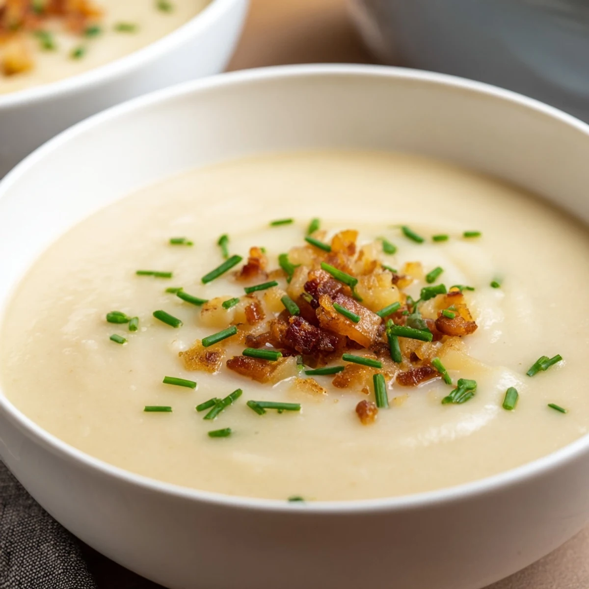 Creamy Potato and Leek Soup with Turkey Bacon ladled into a rustic bowl, topped with crispy bacon bits and fresh green chives.
