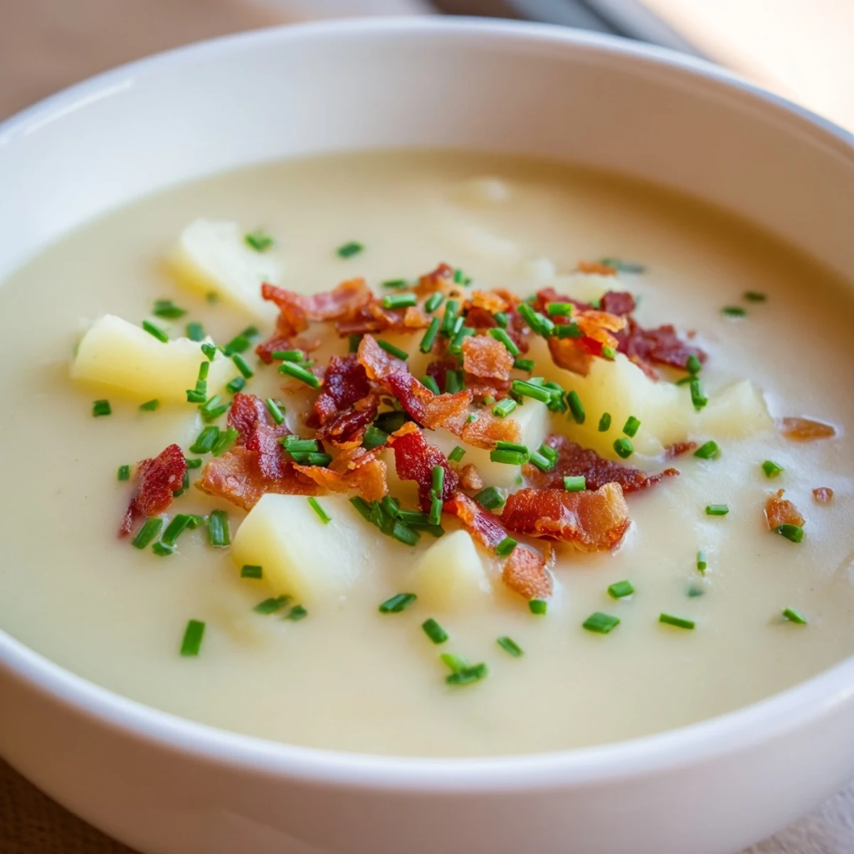 Steaming Creamy Potato and Leek Soup with Turkey Bacon in a white bowl, garnished with fresh parsley and a drizzle of olive oil.