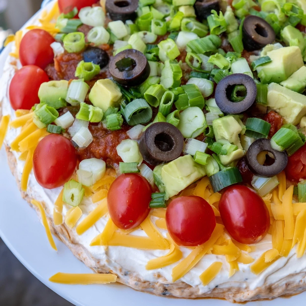 Freshly made Ultimate Layered Taco Dip with colorful toppings, served with crispy tortilla chips for dipping.