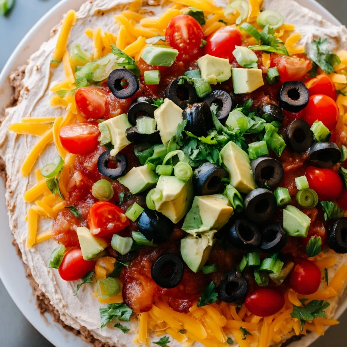 A creamy Ultimate Layered Taco Dip on a white platter with avocado and cheese, ready for a party.