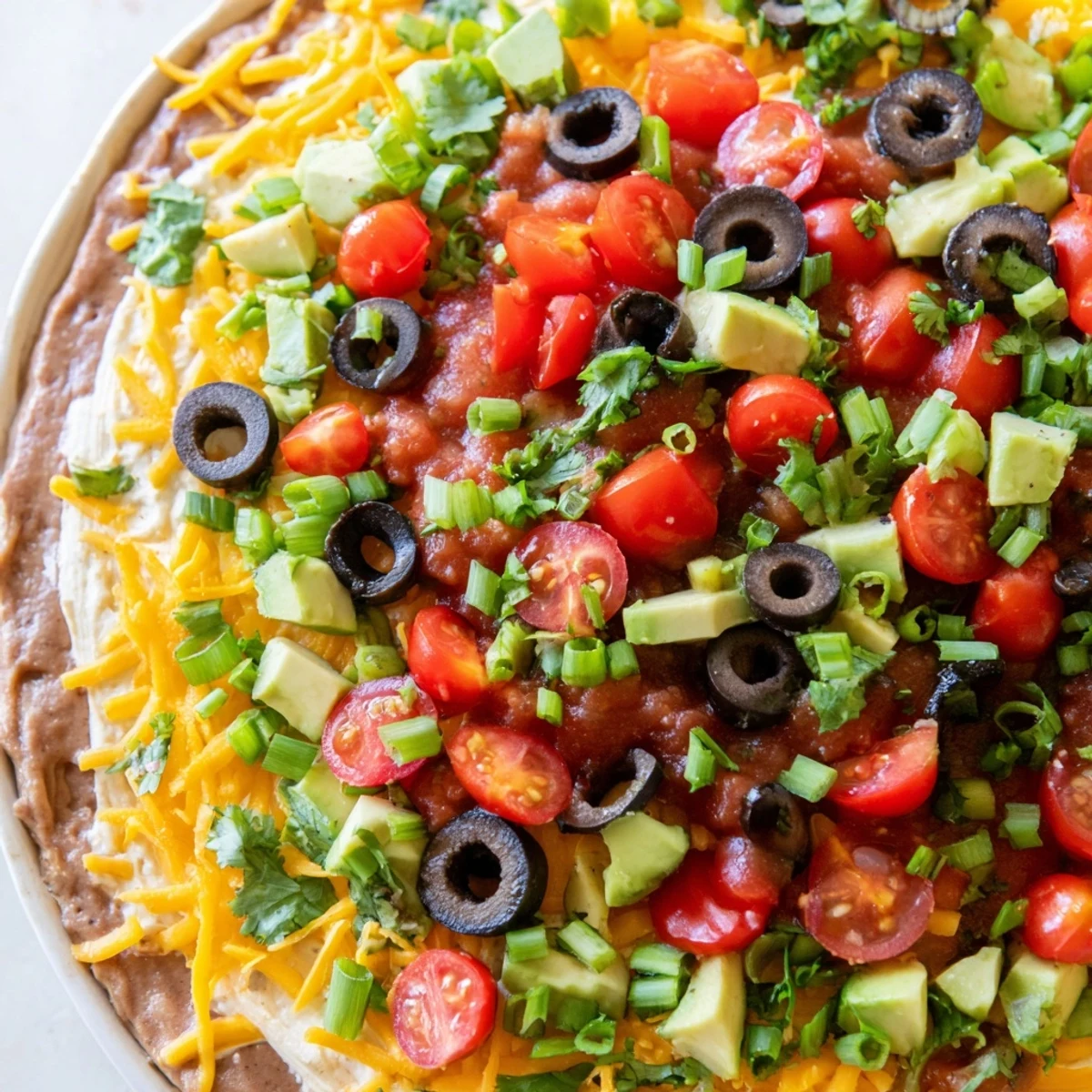 Close-up of Ultimate Layered Taco Dip showing distinct layers and fresh garnishes beside a bowl of chips.