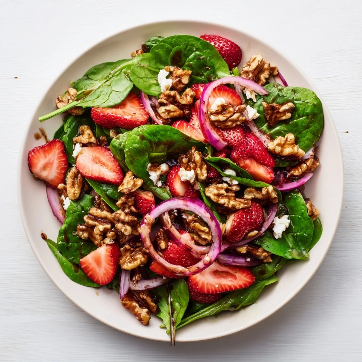 A close-up of Strawberry Walnut Spinach Salad with balsamic dressing, creamy feta crumbles, and bright red strawberry slices.
