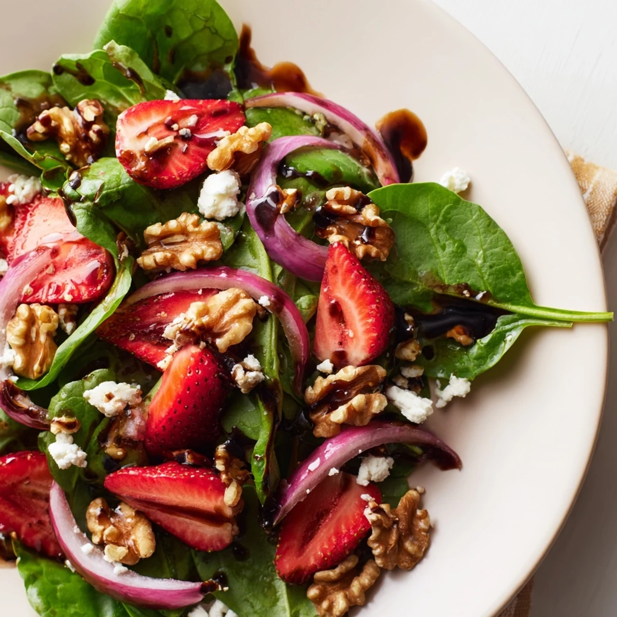 Tossed Strawberry Walnut Spinach Salad served in a white bowl with extra walnuts, sliced red onion, and fresh balsamic drizzle.