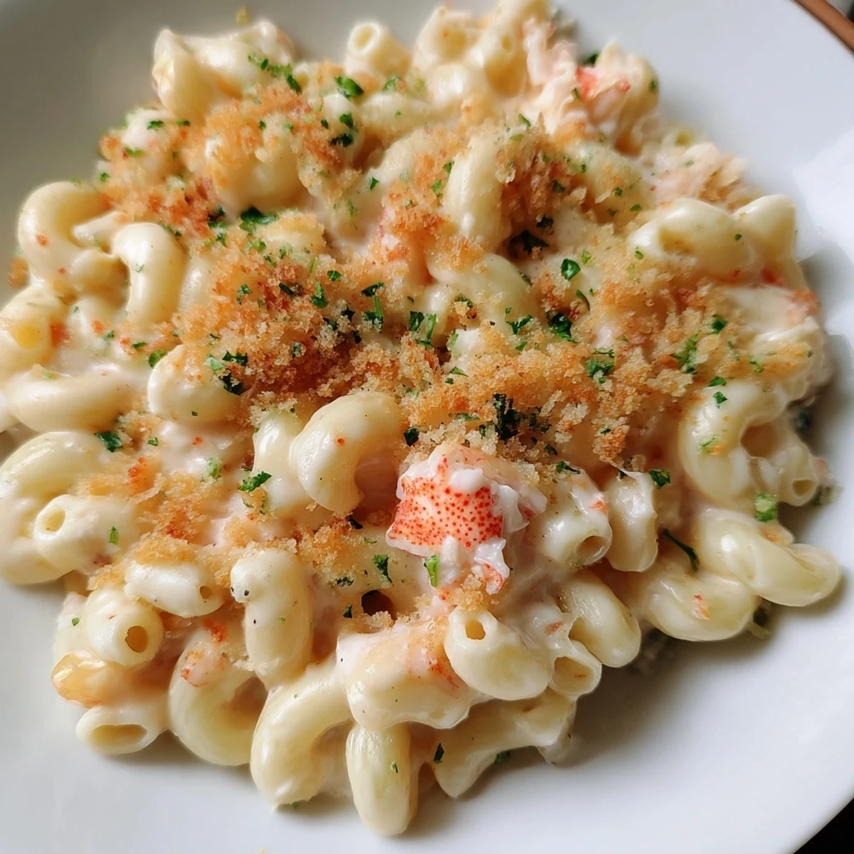 Freshly baked Lobster Macaroni and Cheese bubbling in a dish, topped with golden herbed breadcrumbs and chopped parsley.