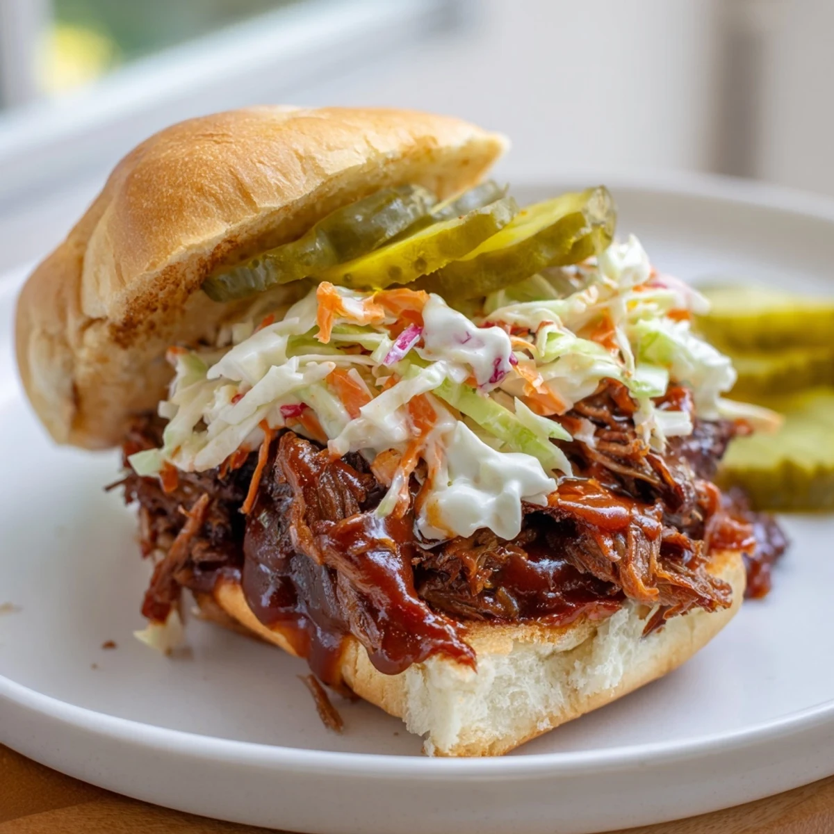Smoky shredded Beef Brisket Sliders piled high on toasted buns with creamy coleslaw and crunchy pickles.