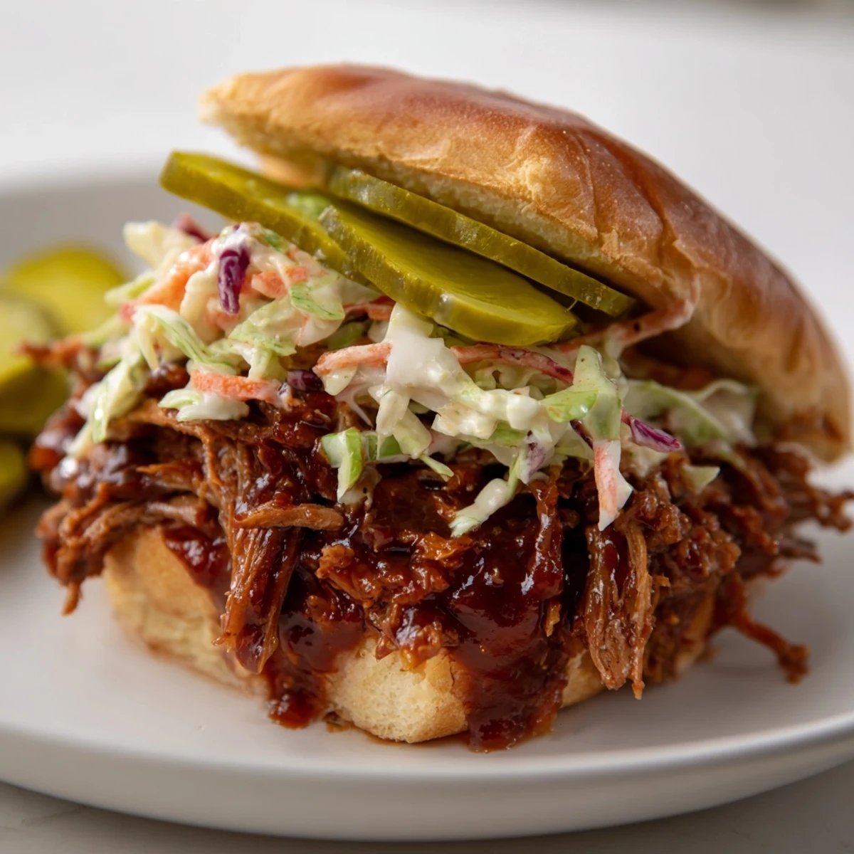 Golden toasted slider buns overflowing with tender Beef Brisket Sliders and tangy coleslaw for game day.