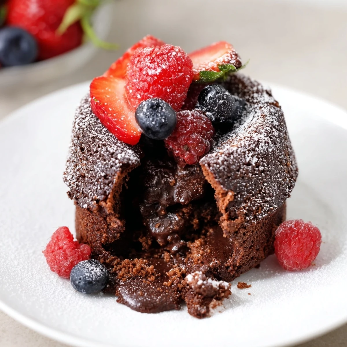 Warm Valentine Molten Chocolate Lava Cakes oozing gooey center, topped with fresh mixed berries and powdered sugar.