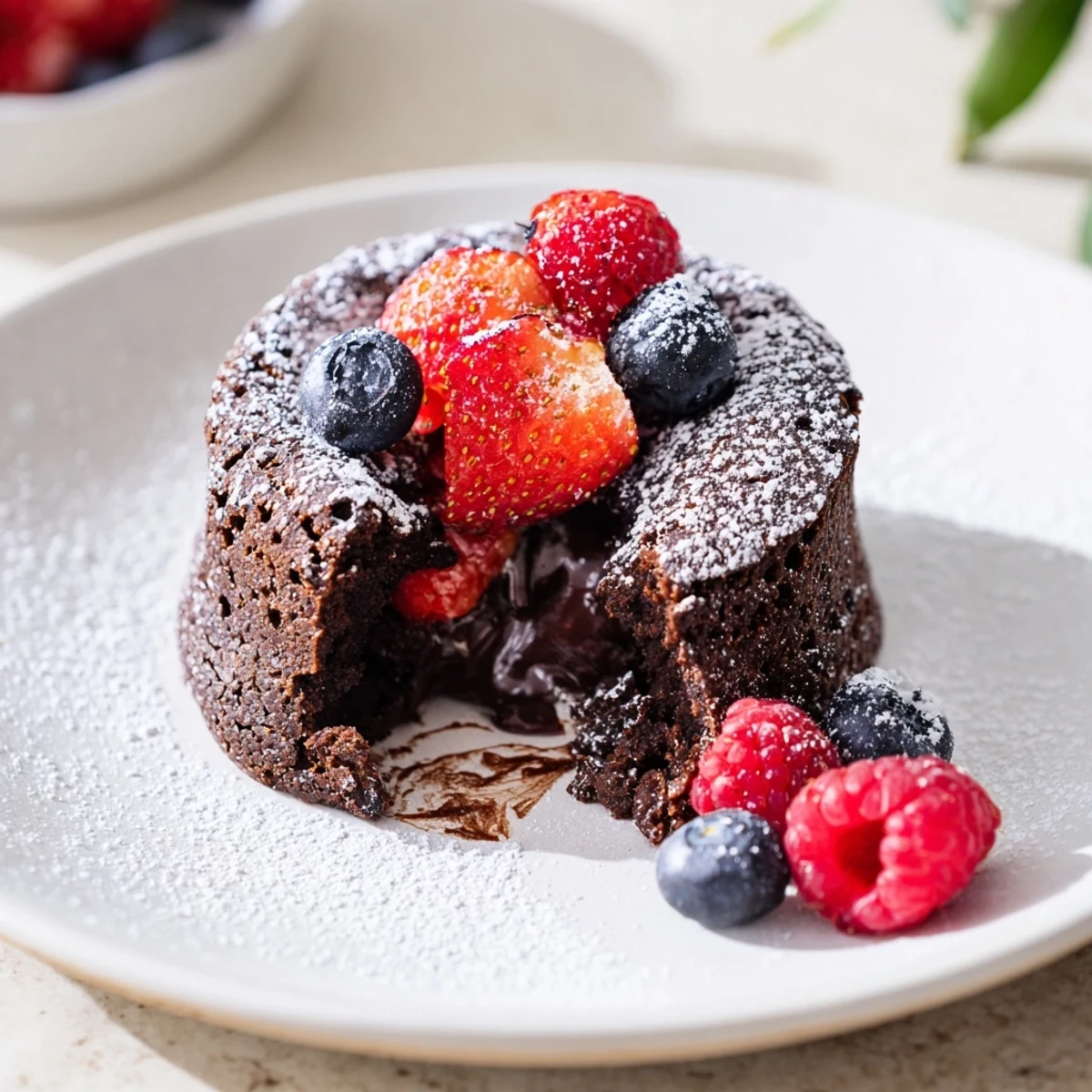 Four rich individual Valentine Molten Chocolate Lava Cakes served on plates with whipped cream and raspberries.