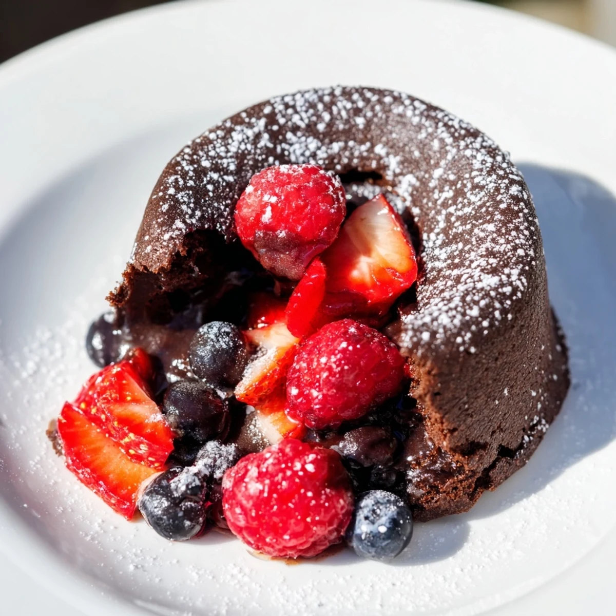 Freshly baked Valentine Molten Chocolate Lava Cakes dusted with sugar beside ripe strawberries and blueberries for dessert.