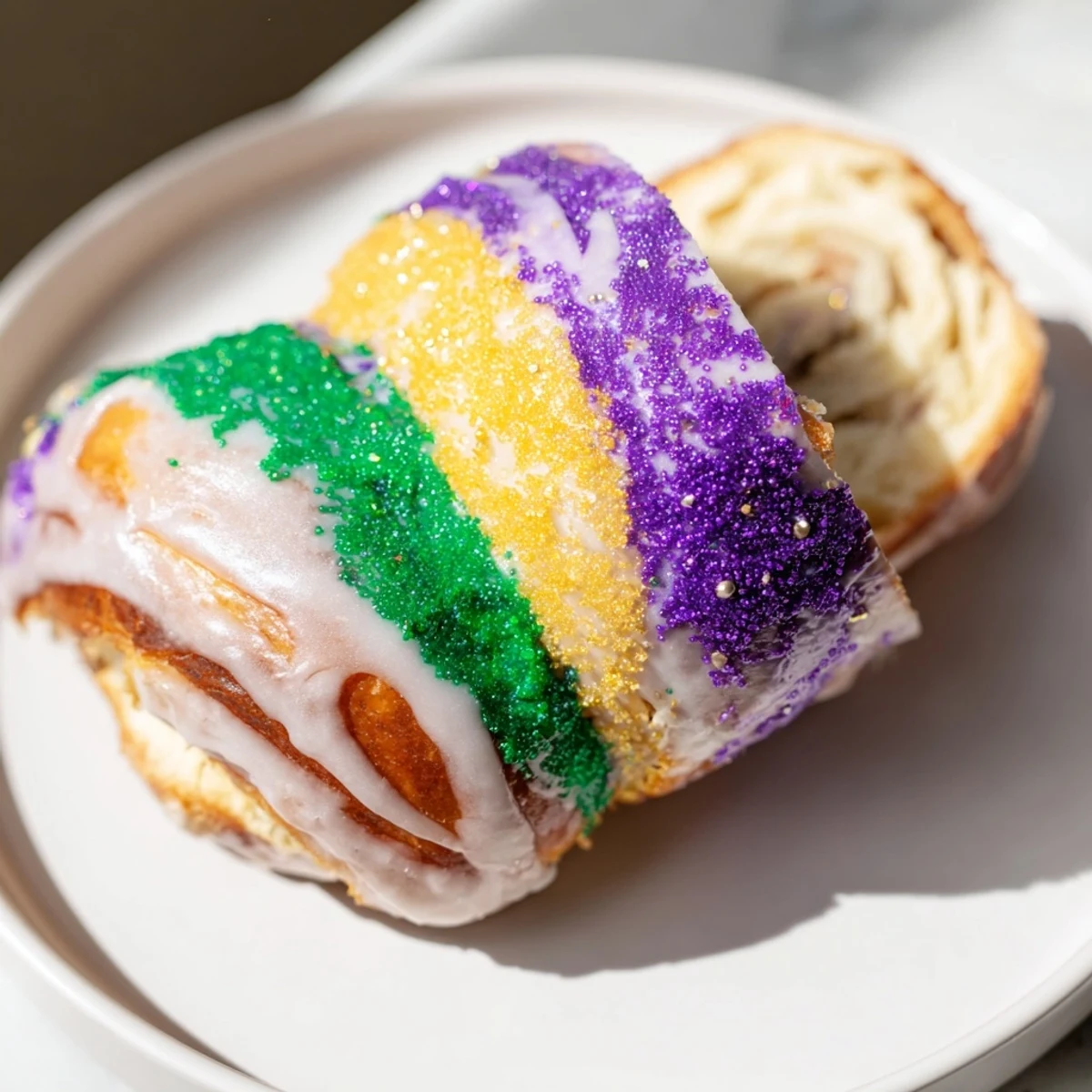 Freshly baked Mardi Gras King Cake featuring a sweet cream cheese filling and festive colored sugar topping.