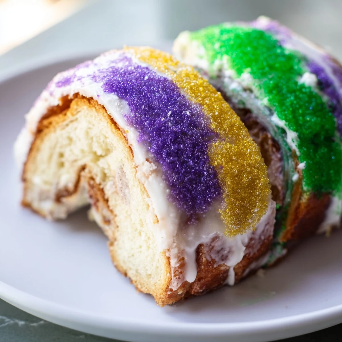 Sliced Mardi Gras King Cake reveals creamy filling, perfect for a festive New Orleans-inspired celebration.