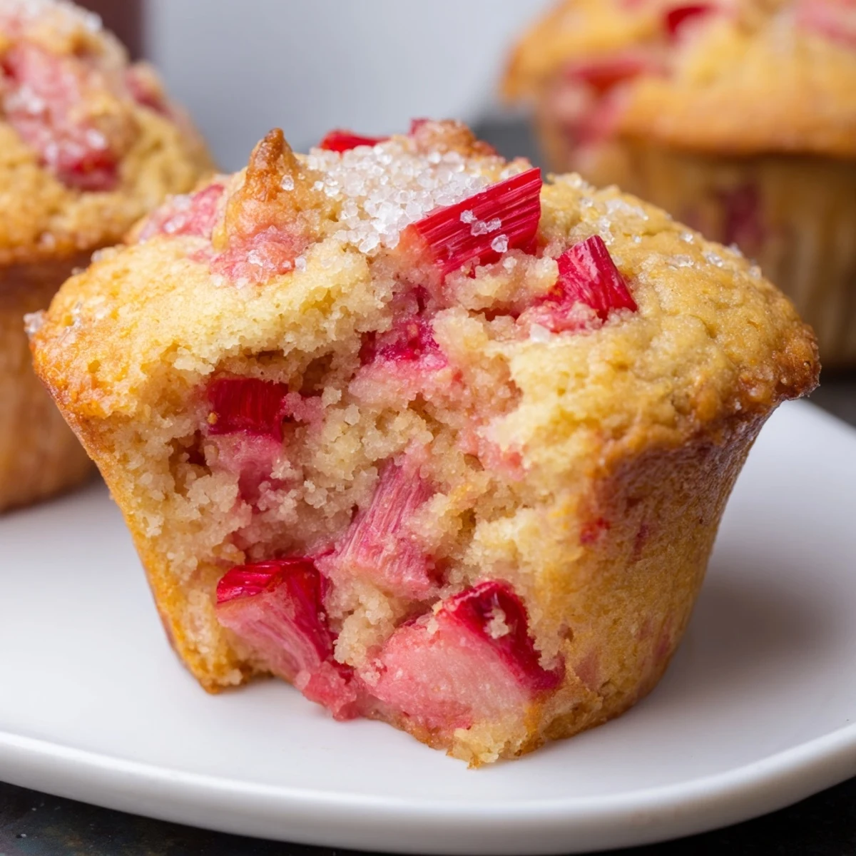 Golden-brown Strawberry Rhubarb Muffins rise high in a tin, crumbly tops glistening with coarse sugar and a few ruby fruit pieces peeking through.