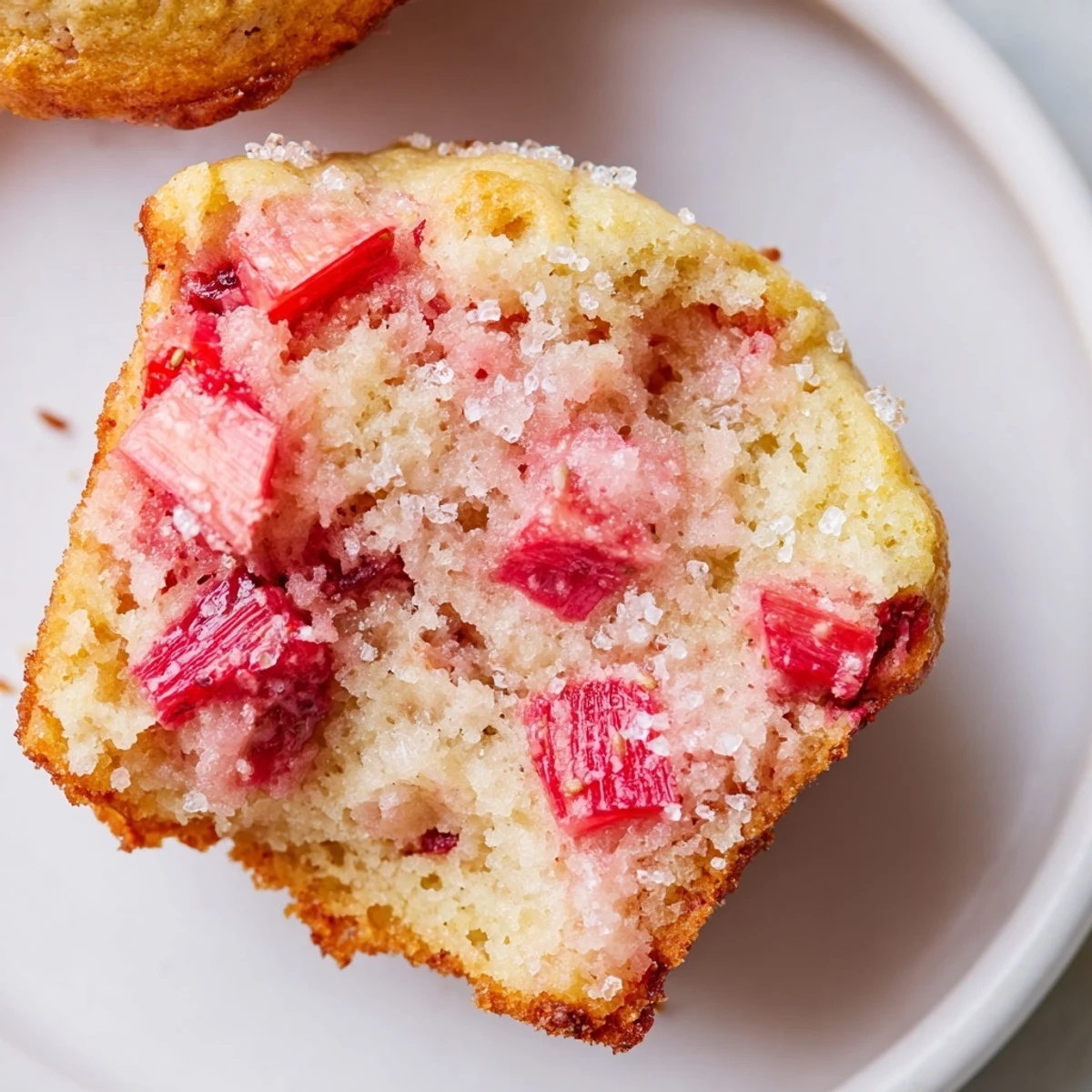 Freshly baked Strawberry Rhubarb Muffins sit on a rustic wooden board, revealing soft, moist interiors with vibrant pieces of fruit in every bite.