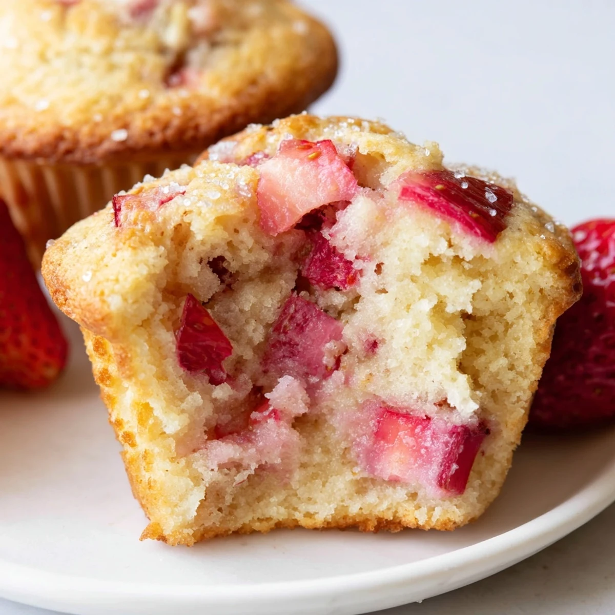 A close-up shows Strawberry Rhubarb Muffins on a wire rack, steam rising slightly from their tender crumb, perfect for a sweet breakfast treat.