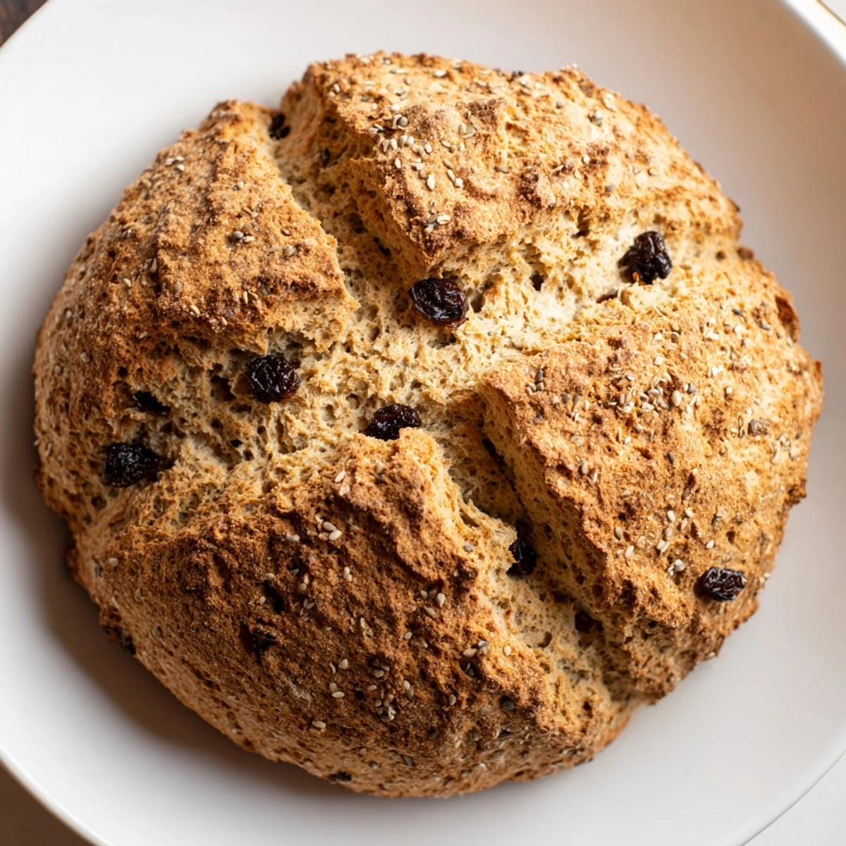 A freshly baked Irish Soda Bread with Caraway sits on a cooling rack, showcasing a golden crust and a deep cross on top.  