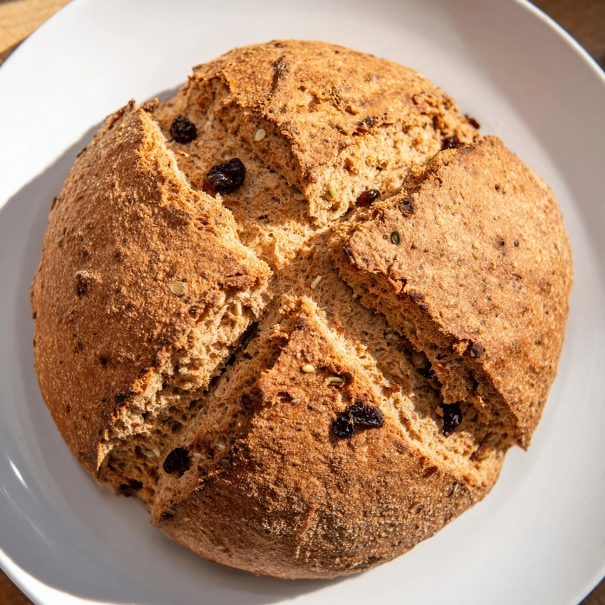A rustic Irish Soda Bread with Caraway, sliced to reveal a tender, moist crumb flecked with aromatic seeds and raisins.  