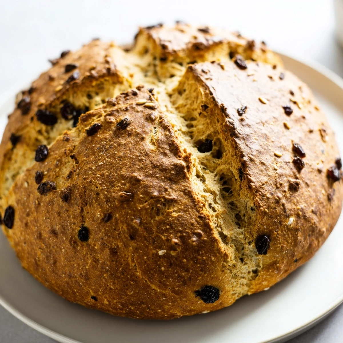 A warm slice of Irish Soda Bread with Caraway is spread with creamy butter, ready to be enjoyed with a cup of tea.