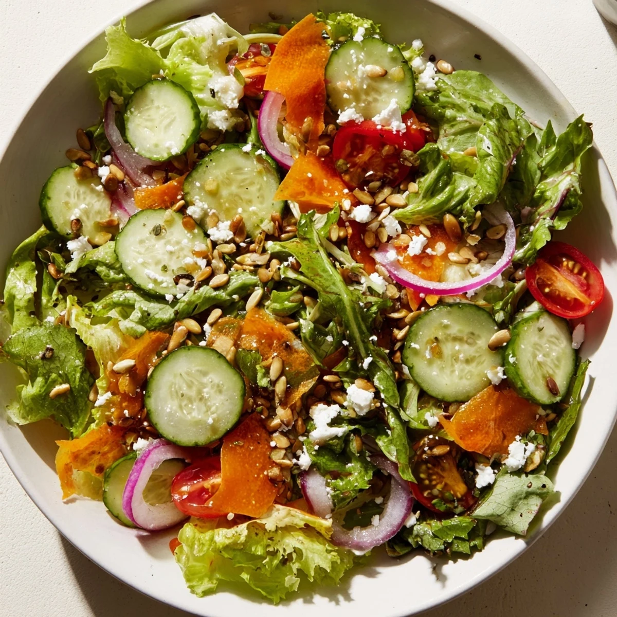 Fresh Spring Mix Salad with Vinaigrette displayed in a white bowl, featuring vibrant cherry tomatoes and crisp cucumber slices.