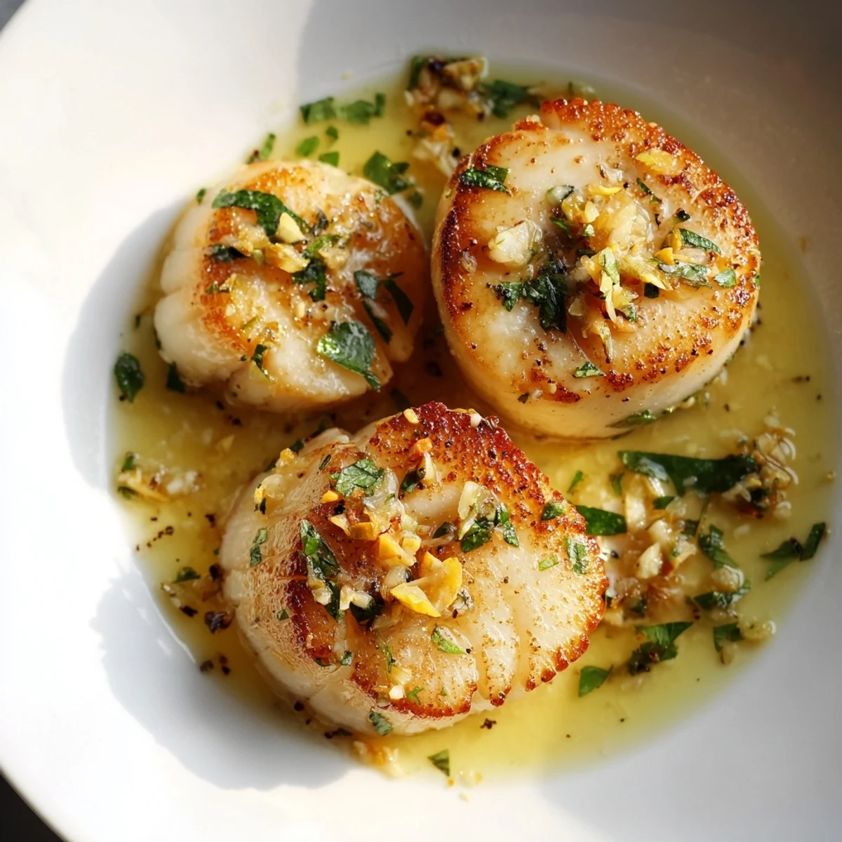 Golden-brown Lemon Garlic Scallops sizzling in a buttery, zesty sauce served alongside creamy risotto.