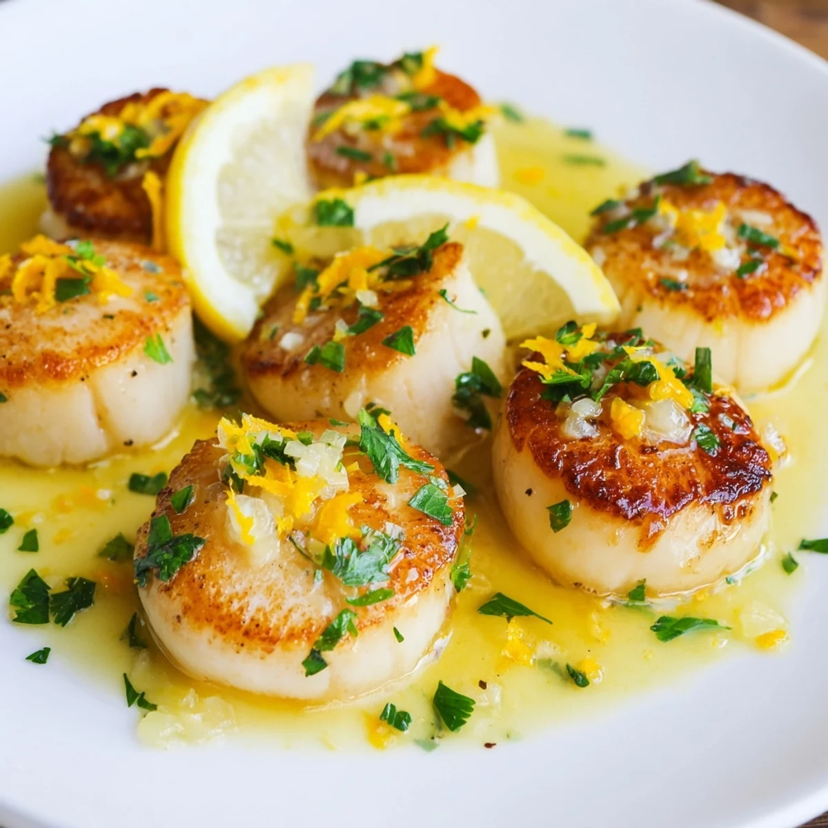 Pan-seared Lemon Garlic Scallops with a glossy lemon-garlic butter glaze, ready to be served immediately.