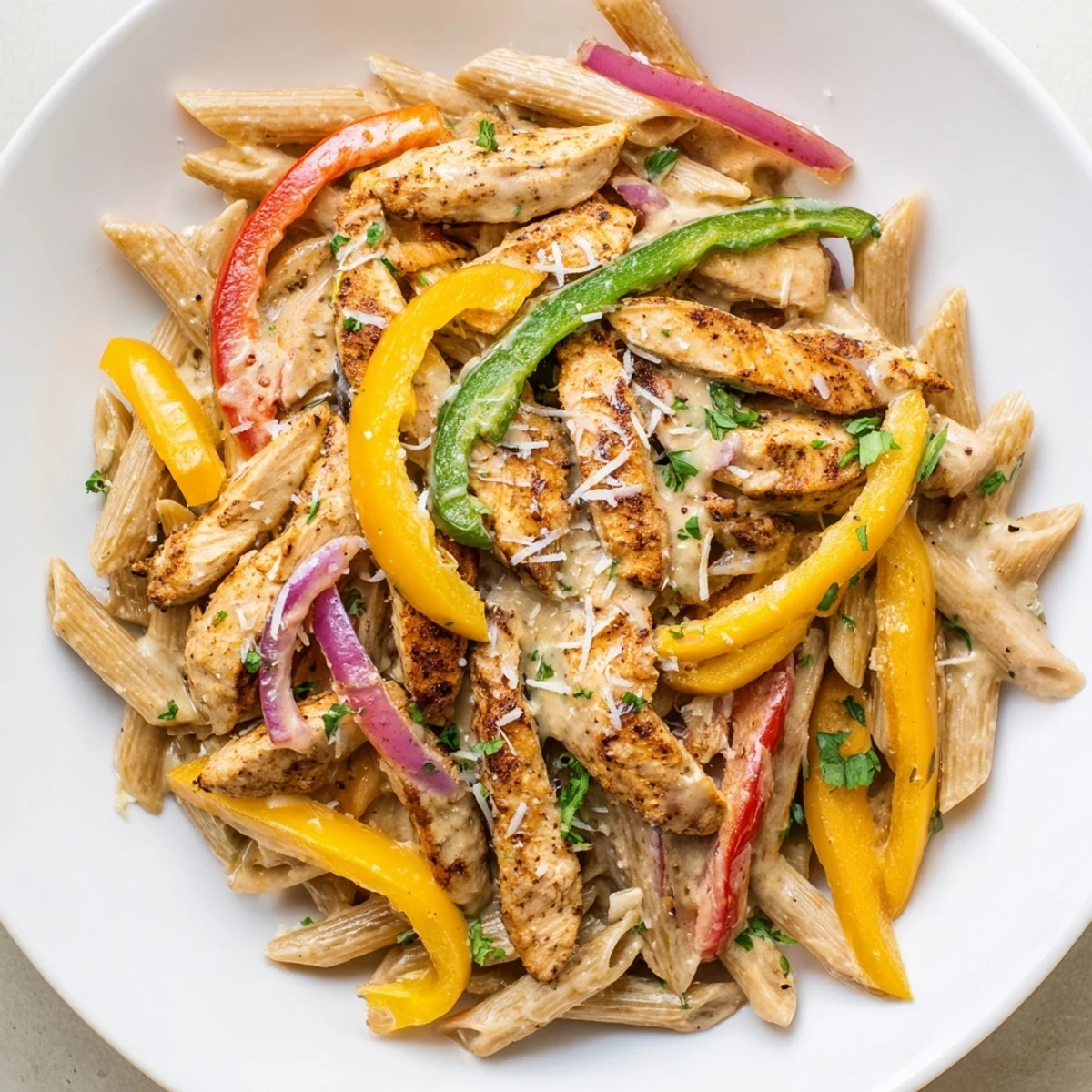 Creamy Cajun Chicken Pasta with Peppers served hot in a skillet, garnished with fresh parsley and melted Parmesan.  