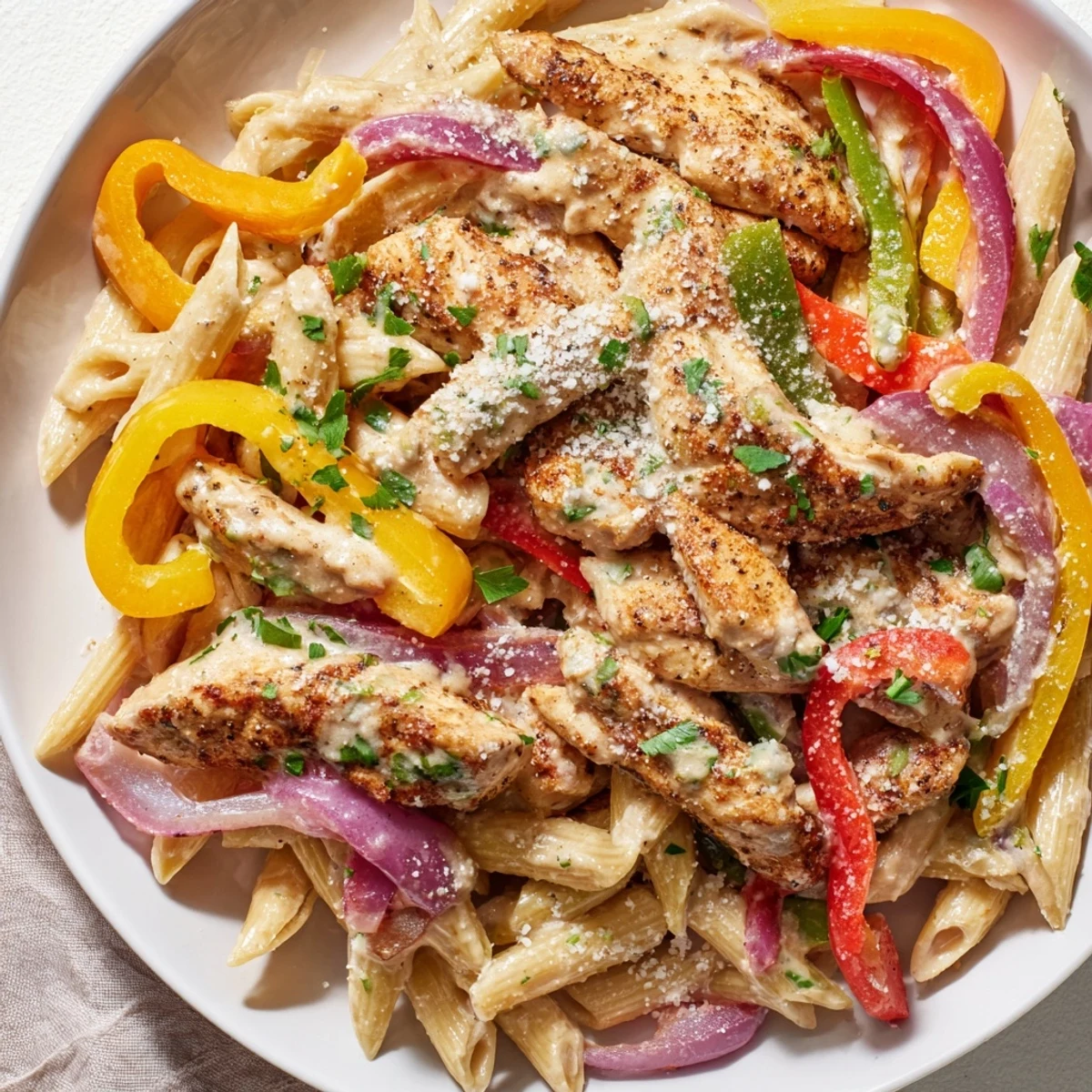 A vibrant plate of Cajun Chicken Pasta with Peppers, featuring colorful bell peppers and tender chicken strips.  