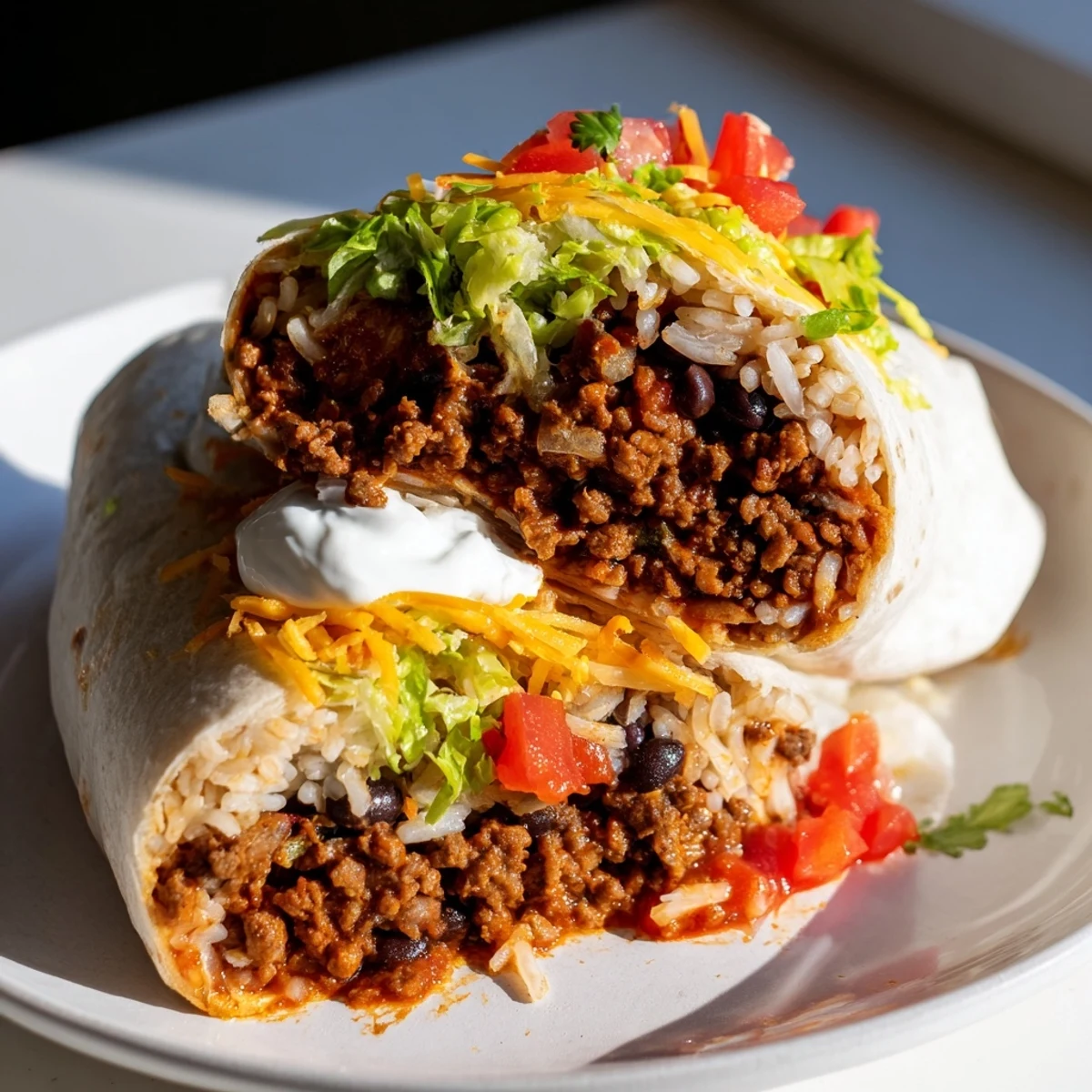 Freshly assembled Beef Burritos with Beans and Rice on a plate, showcasing melted cheese, vibrant lettuce, diced tomatoes, and a dollop of sour cream.