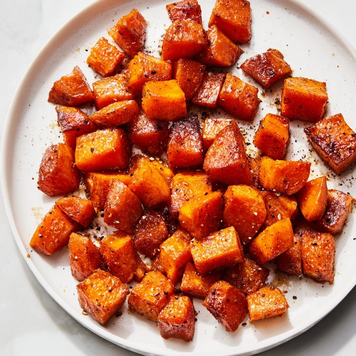 Golden-brown roasted sweet potatoes with cinnamon glistening with olive oil, served warm as a comforting side dish.  
