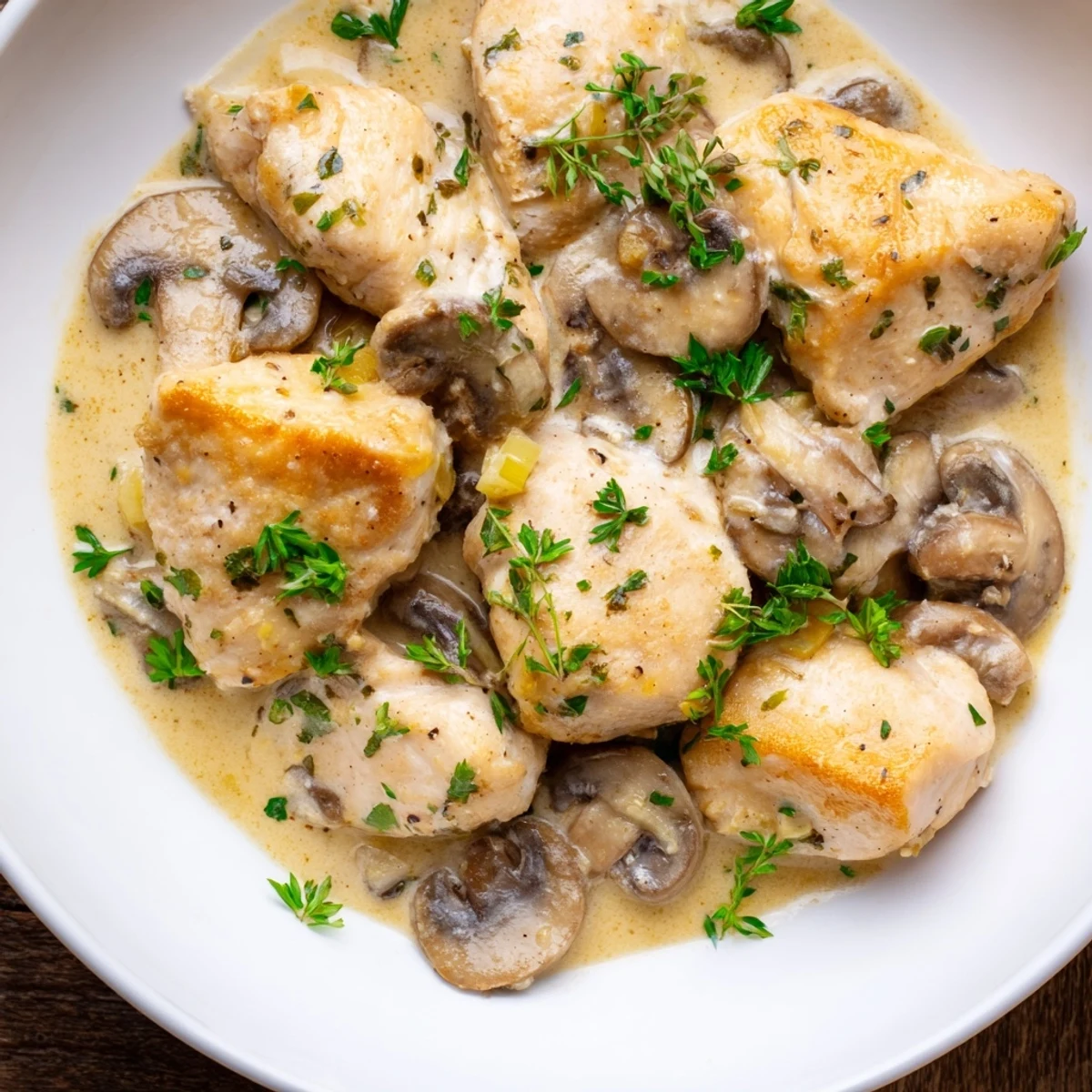 Golden-brown chicken breasts simmering in a creamy mushroom sauce with garlic and fresh parsley in a skillet, served as a comforting American main dish.  