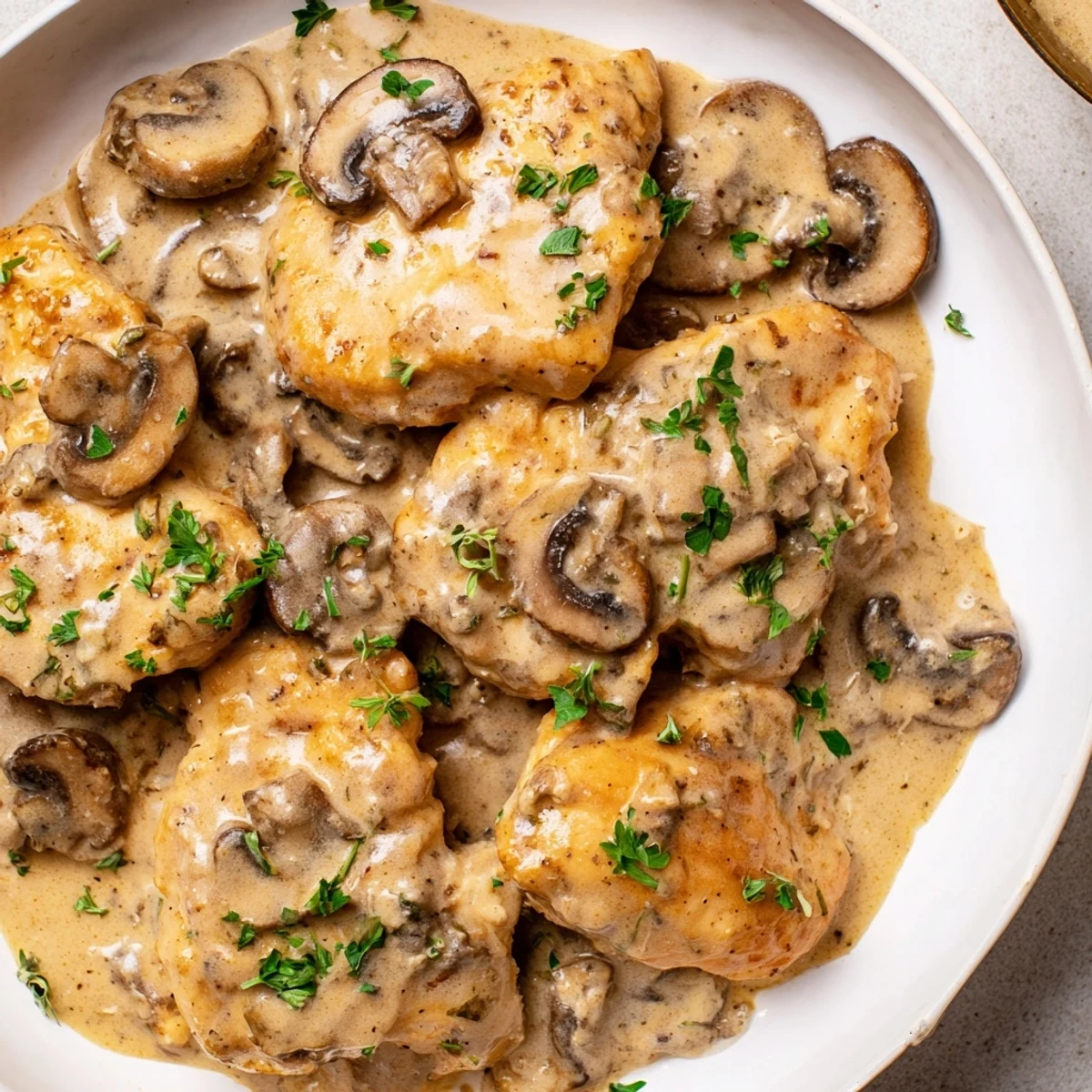 Tender chicken coated in a rich, velvety mushroom and herb sauce, ready to be served over mashed potatoes or rice for a cozy meal.  