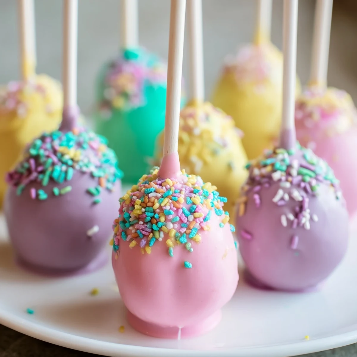 Colorful Easter egg cake pops coated in pastel chocolate, adorned with vibrant sprinkles, displayed on a spring table setting.  