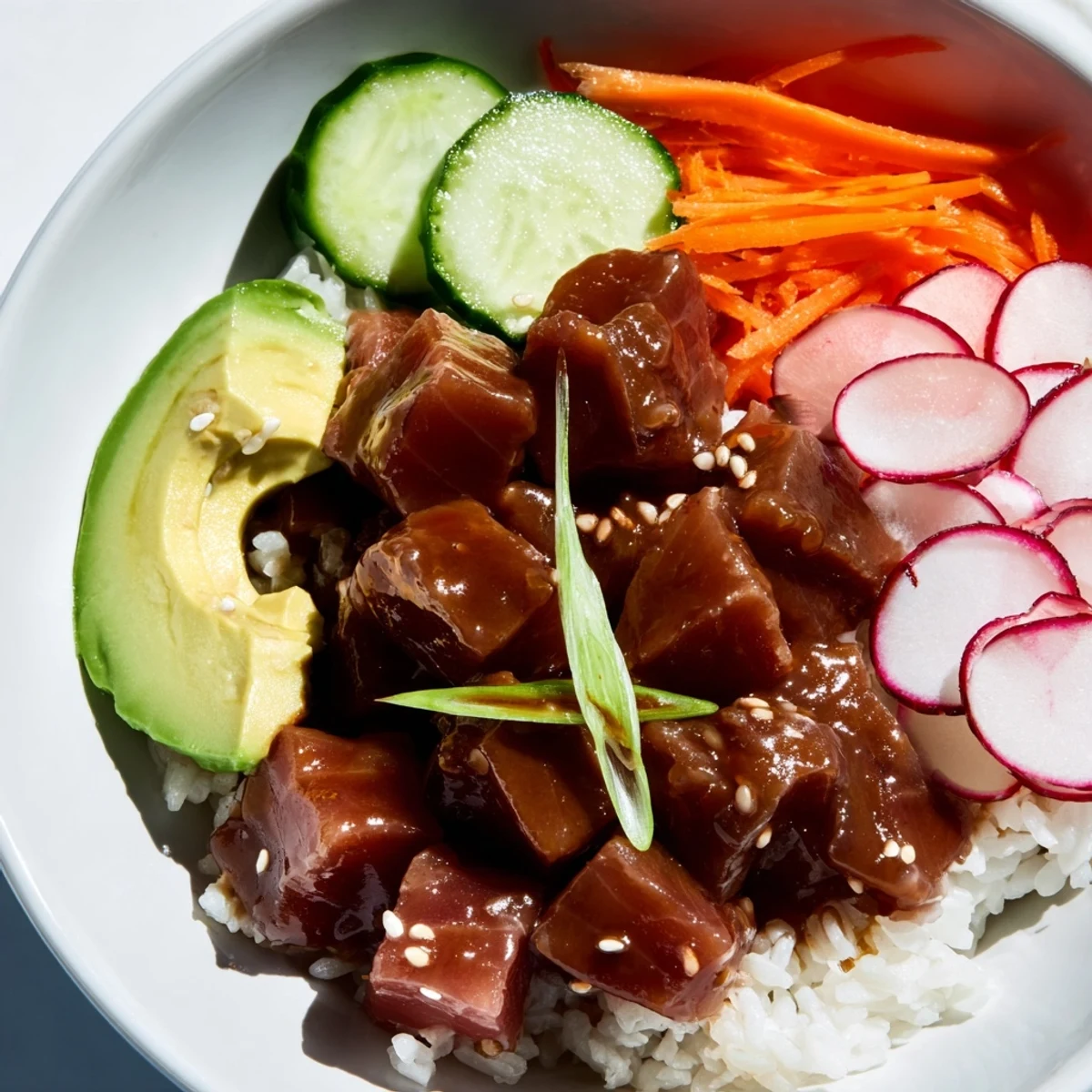 Freshly diced spicy tuna glistens atop fluffy sushi rice in a Spicy Tuna Poke Bowl with Avocado, garnished with sesame seeds.