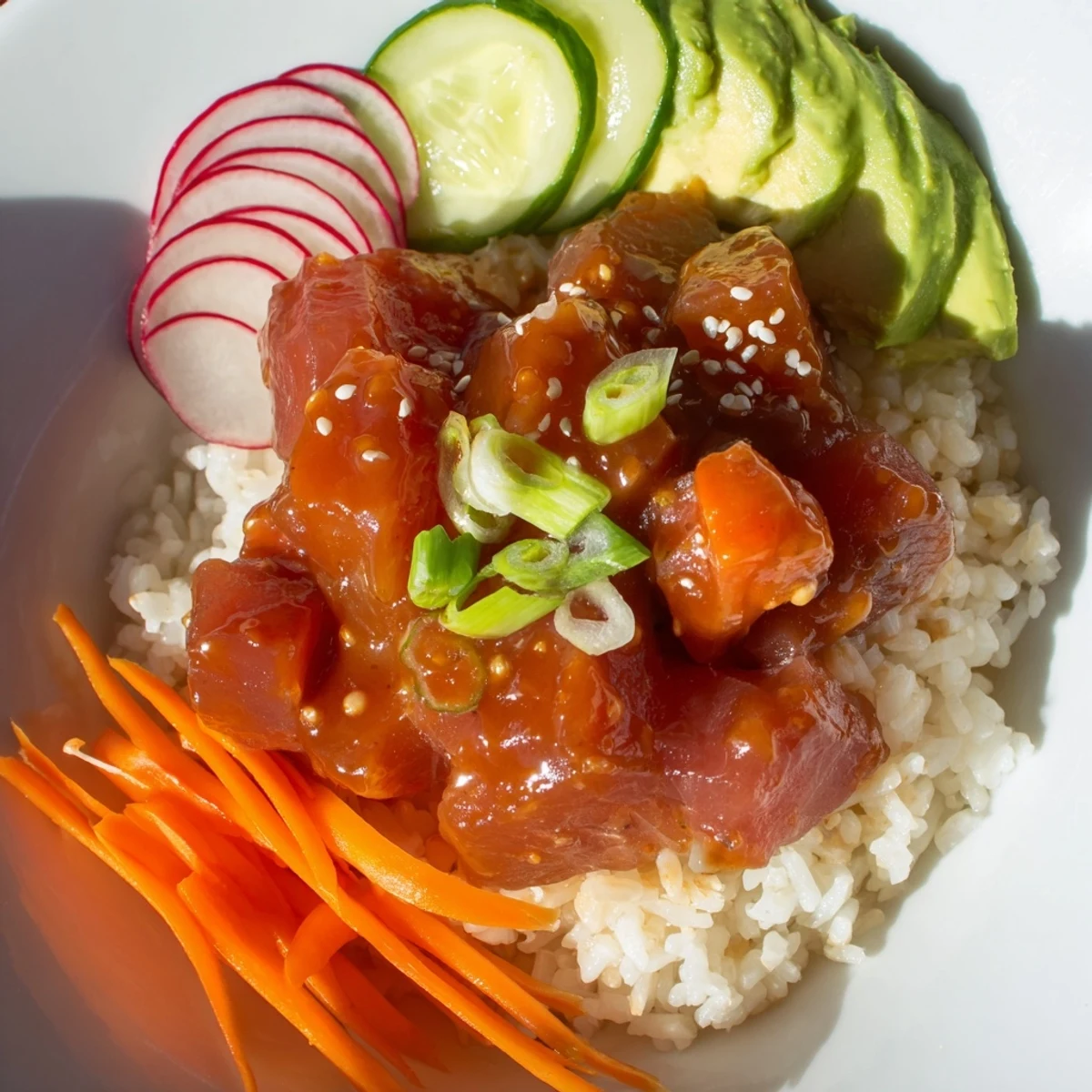 Colorful julienned carrots and cucumbers mix with tender fish in a beautiful Spicy Tuna Poke Bowl with Avocado, drizzled in sriracha.
