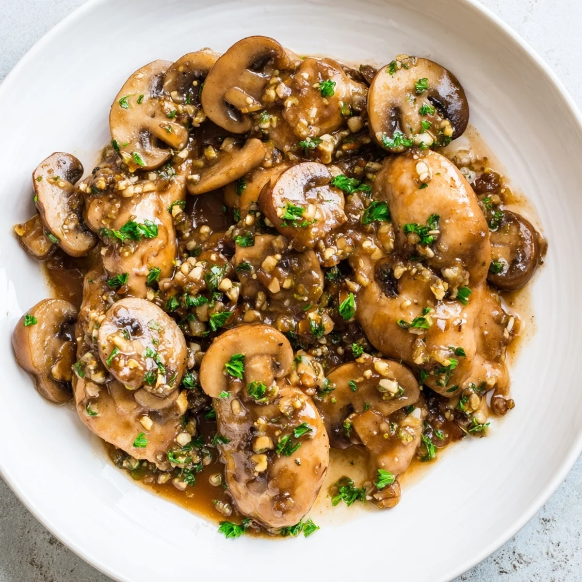 Golden-brown chicken breasts smothered in a savory mushroom and grape juice Marsala-style sauce, served alongside mashed potatoes.