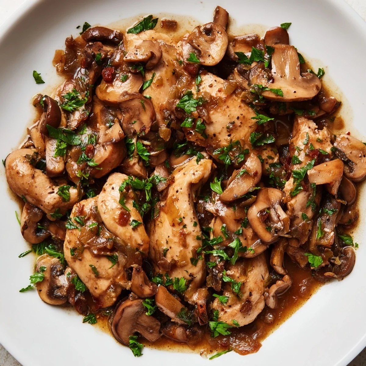 Tender chicken breasts coated in flour, simmered in a rich non-alcoholic Marsala sauce with sautéed mushrooms and fresh parsley.