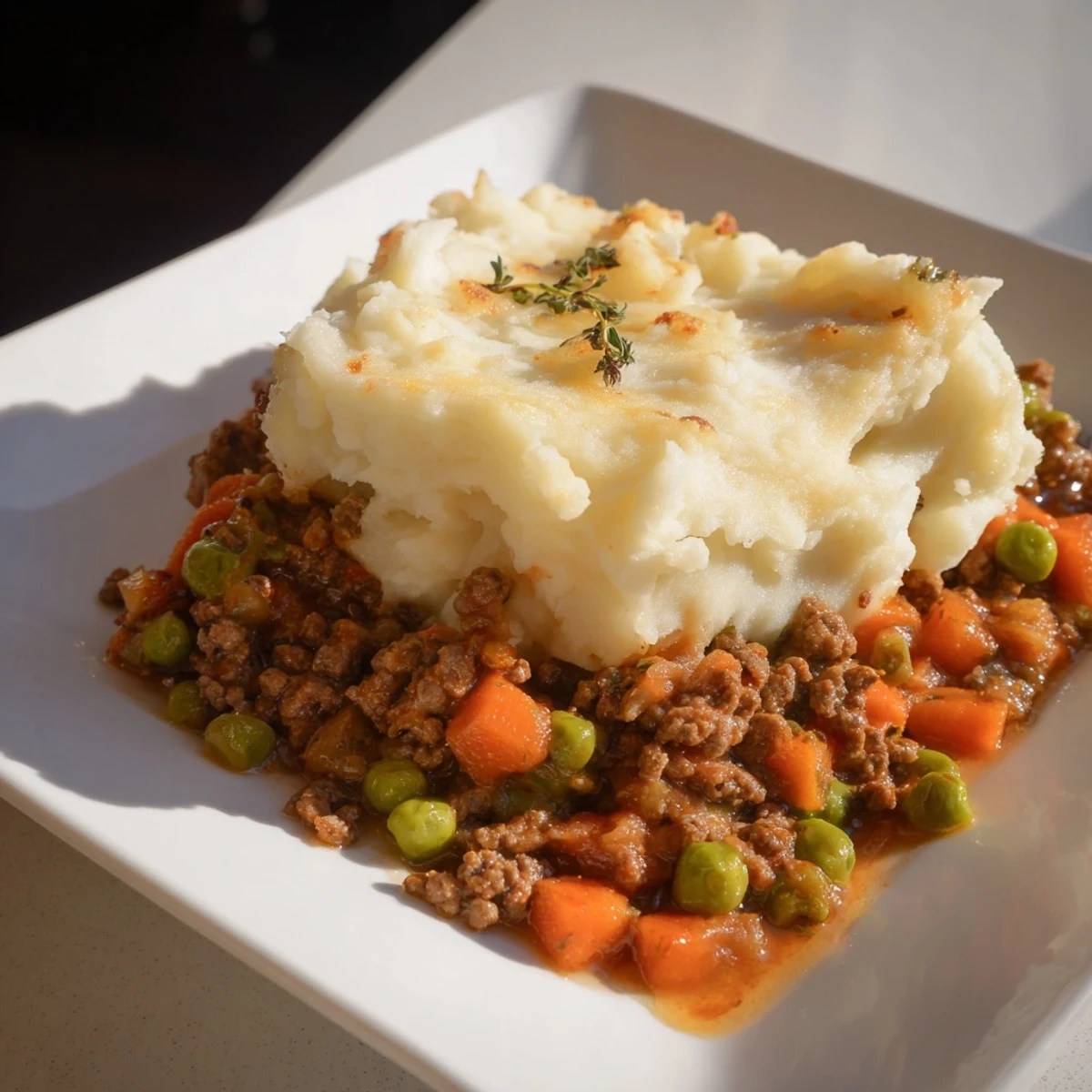 A comforting slice of Beef Shepherds Pie with Cauliflower Mash served alongside a crisp green salad on a rustic table.