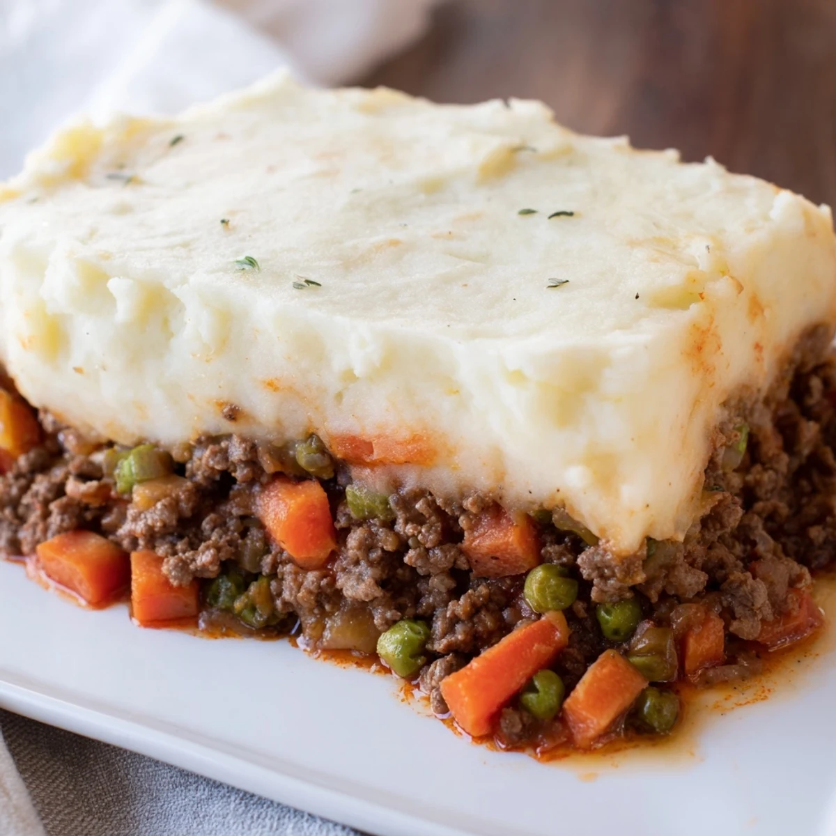 Golden-brown Beef Shepherds Pie with Cauliflower Mash bubbling from a 9x13 inch baking dish, garnished with fresh thyme.