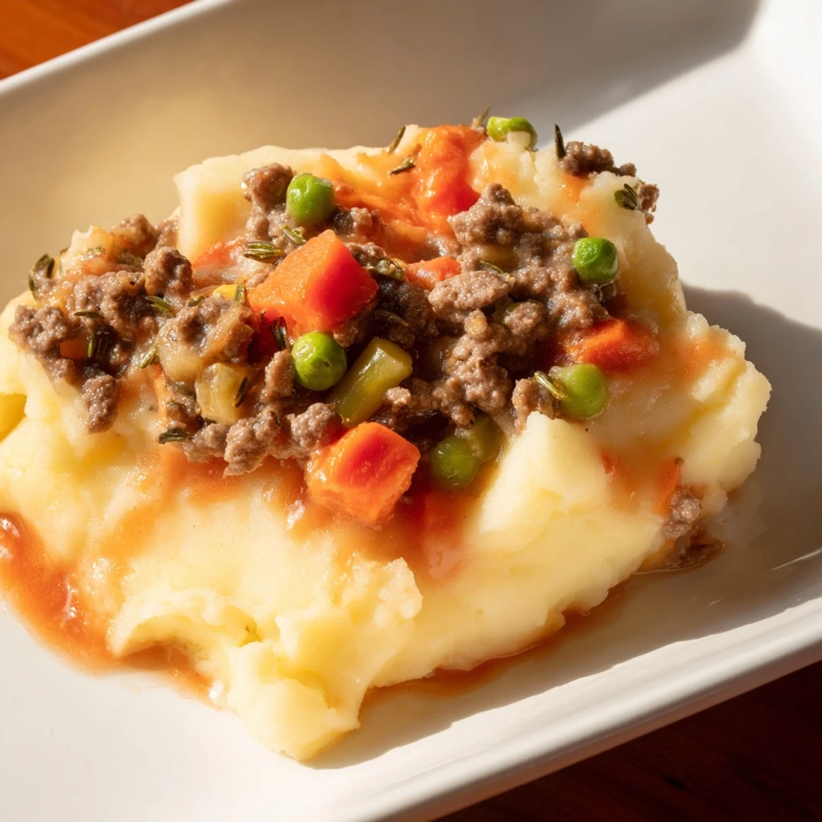 Ground beef filling topped with creamy Beef Shepherds Pie with Cauliflower Mash, featuring golden edges and visible vegetable chunks.