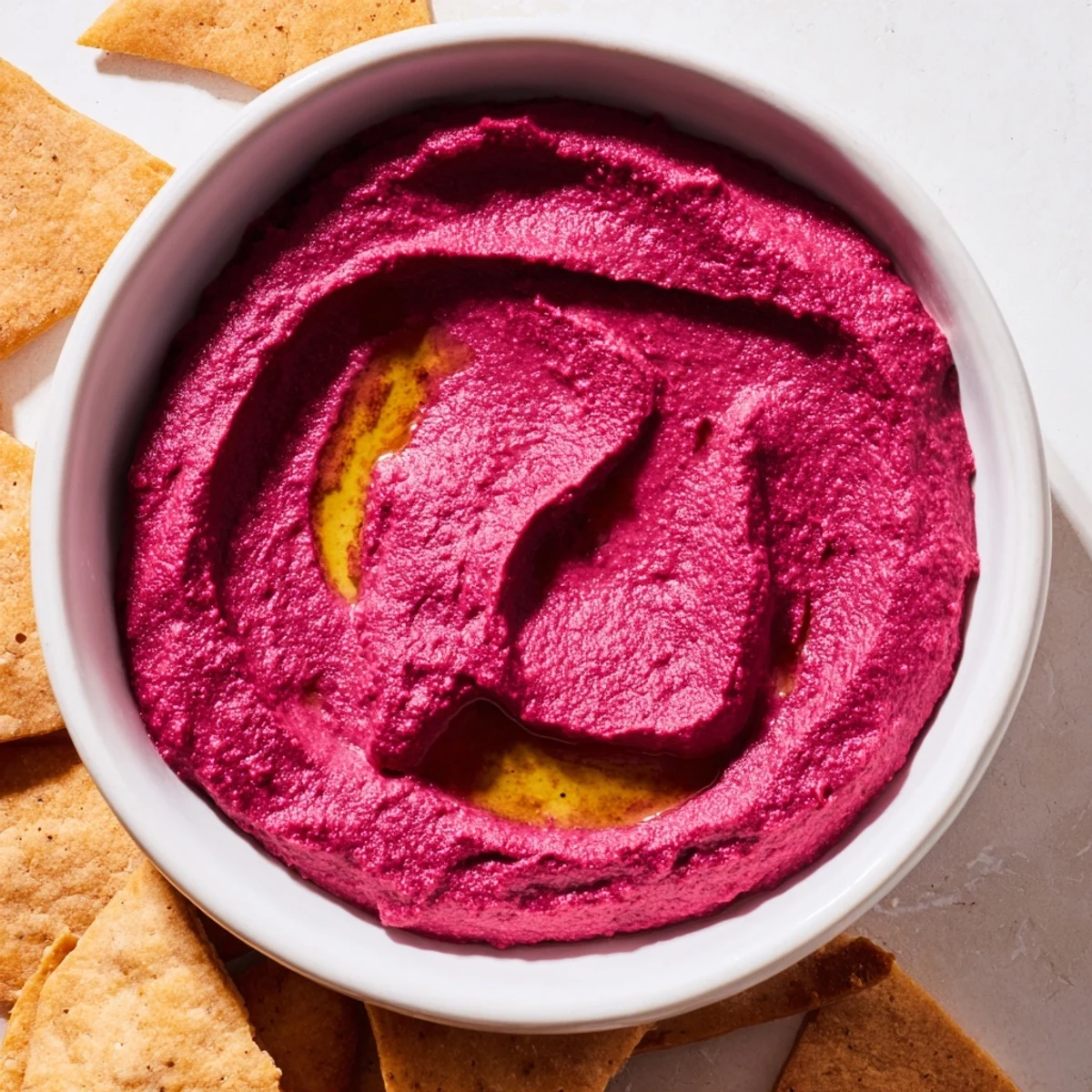 A vibrant bowl of Roasted Beet Hummus garnished with olive oil and fresh herbs, paired with crunchy homemade pita chips for dipping.