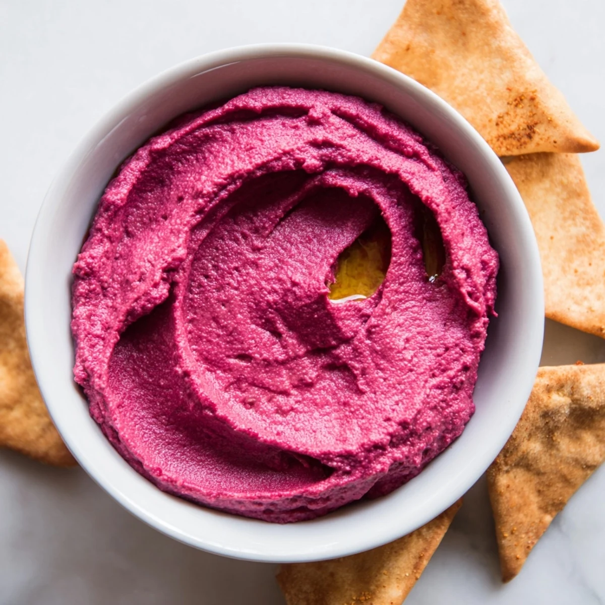 Roasted Beet Hummus swirled in a shallow bowl with a drizzle of olive oil, surrounded by crisp pita chips ready for snacking.