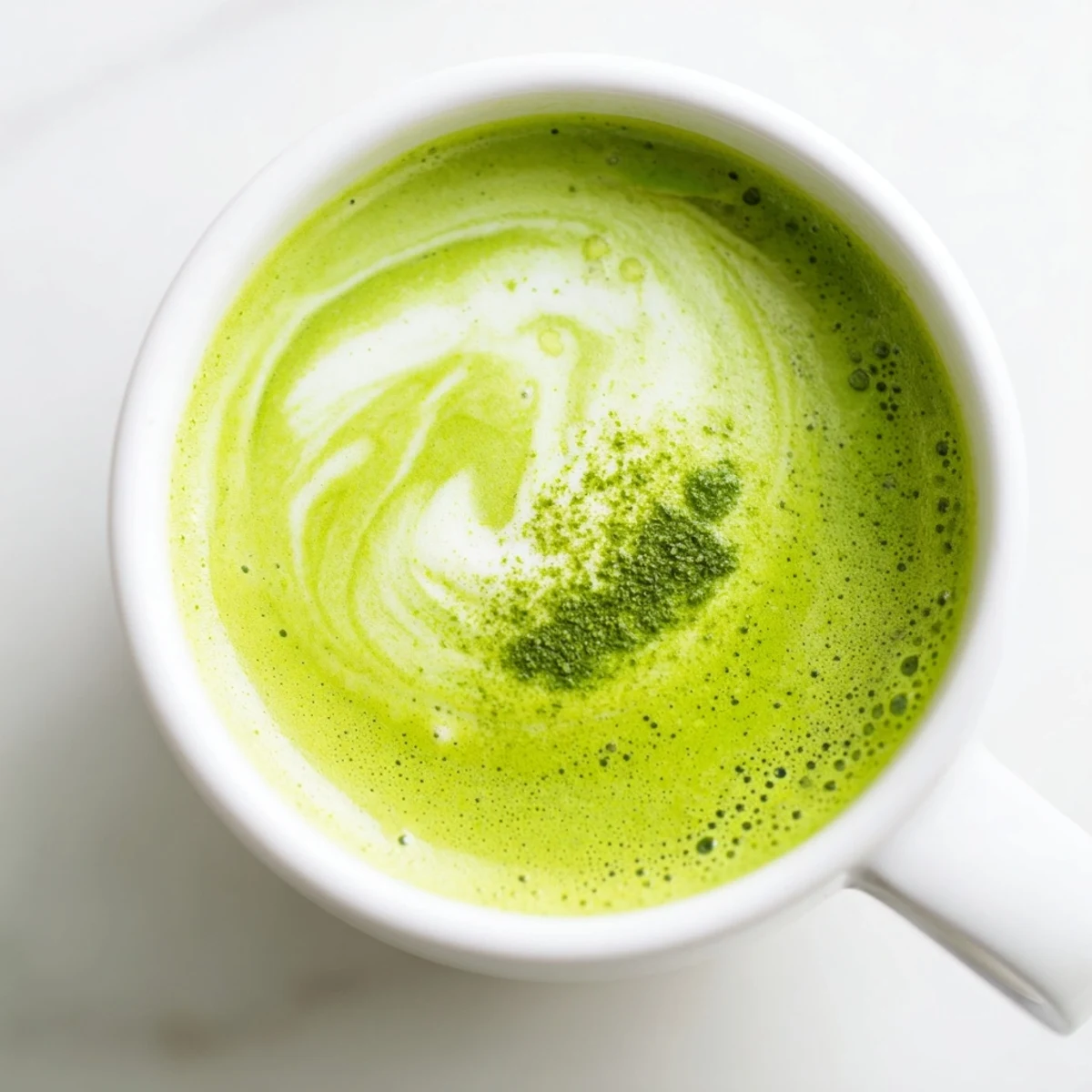 A frothy Green Matcha Latte with Almond Milk served steaming in a clear glass mug, garnished with a light dusting of matcha powder.  