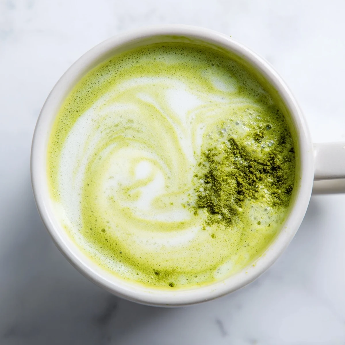 Two mugs of vibrant Green Matcha Latte with Almond Milk beside a bamboo whisk and bowl of matcha powder on a marble countertop.  